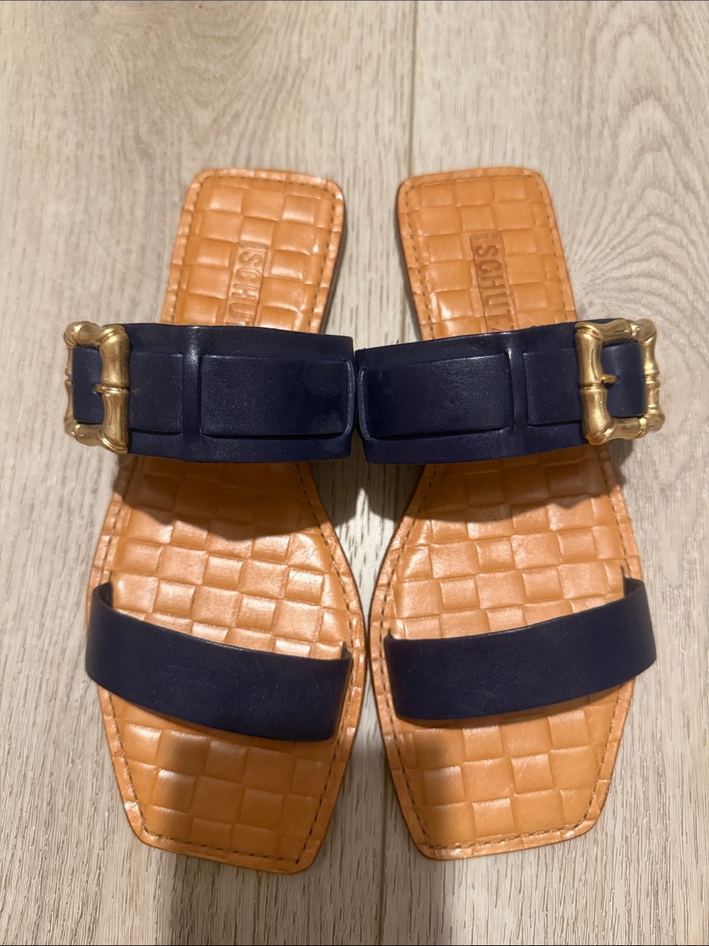 Women's Navy with gold buckle Slide Sandals